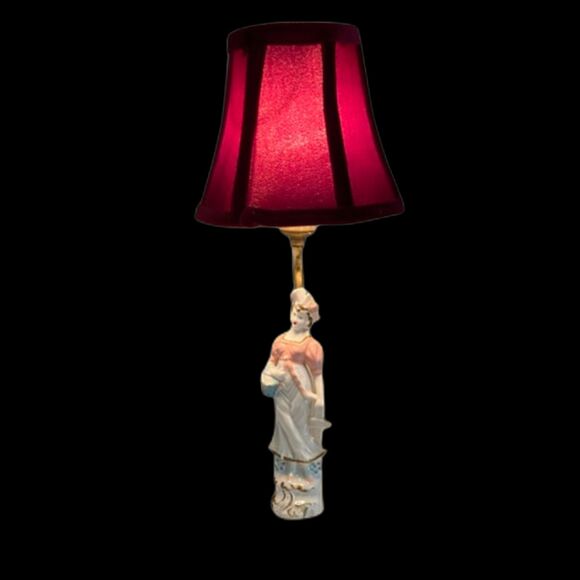 VTG Porcelain Figurine Table Lamp w/ Velvet Shade Brass Pole Marble Base 17.5” - Picture 1 of 11